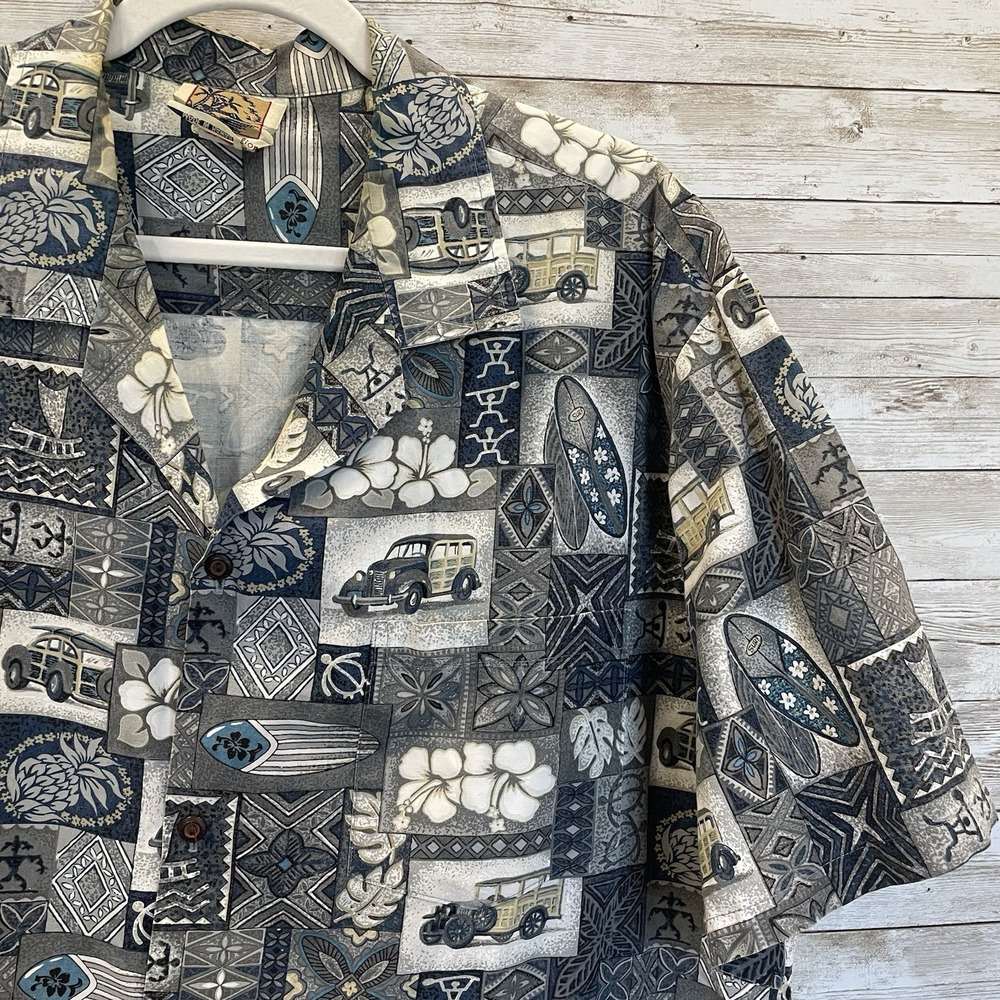 Vtg Winnie Fashion Mens XL Hawaiian Shirt Old Cars Surfboards Floral Wood Button